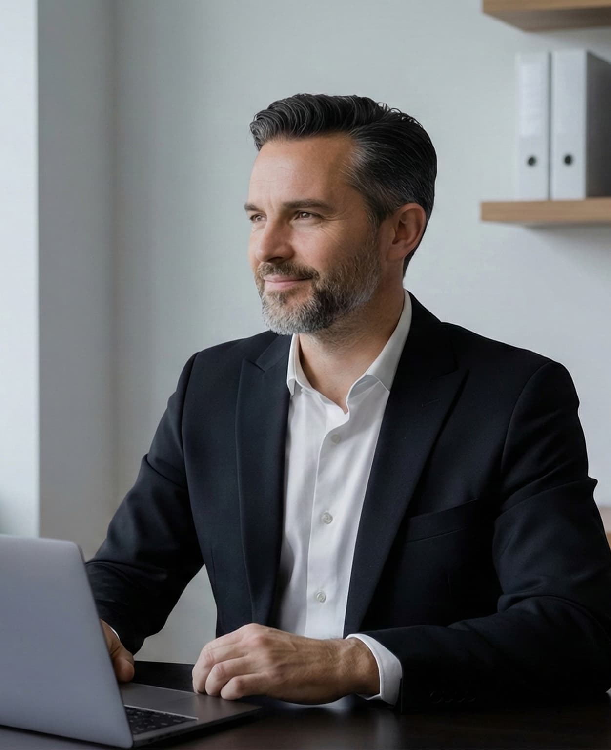 Un homme en costume travaillant sur un ordinateur portable à son bureau
